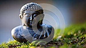 A small Buddha statue rests peacefully on a bed of green moss, symbolizing tranquility, meditation, and spiritual photo