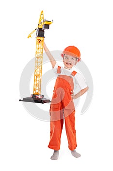 Small builder and crane on white background