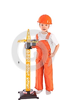 Small builder and crane on white background