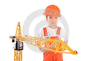 Small builder and crane on white background