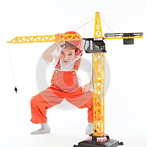 Small builder and crane on white background