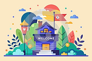 A small building with a Welcome sign in front of it, inviting visitors inside, Welcome aboard Customizable Flat Illustration photo