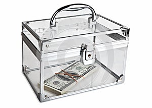 A small bundle of dollars, tied with an elastic band, lies in a closed transparent case.