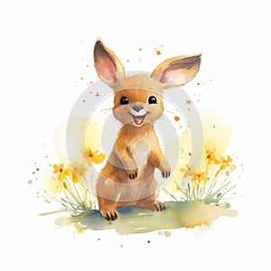 Playful Cartoon Rabbit With Daffodils - Watercolor Illustration photo
