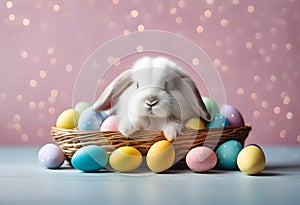 a small bunny sitting inside a basket with some eggs on the ground