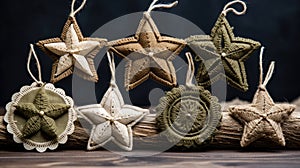 small burlap christmas ornaments with lace and ribbon, in the style of symmetrical asymmetry, aykut aydogdu, eye photo