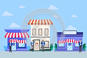 Small business idea, successful entrepreneur with small retail shop or storefront, shop owner or merchandise opportunity concept