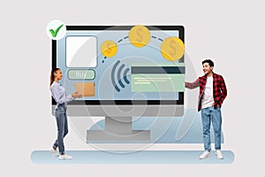 Small business in internet. Man and woman standing with parcel and credit card near big computer monitor, collage