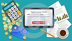 Small business loan online agreement. Home mortgage. Flat tablet or smartphone with application form, cursor click button on desk