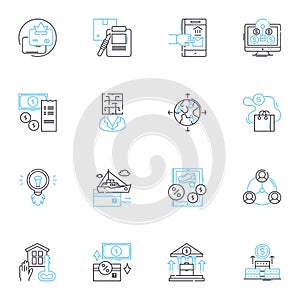 Small business loans linear icons set. Funding, Capital, Finance, Credit, Lending, Borrowing, Investment line vector and