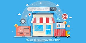 Small business marketing, local business optimization, seo marketing, internet advertisement for small shops. Flat design banner. photo