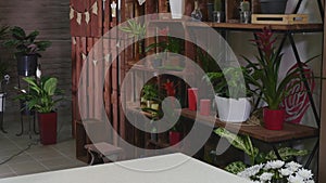 Small business. Modern flower shop interior elements. Floral design studio, sale of decorations and arrangements