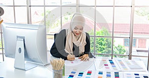 Small business of Muslim woman fashion designer Working and  using smart phone and tablet With Dresses at clothing store