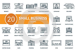 Small business outline icons set. Creative icons: market, pet shop, taxi station, clothing market, car wash, delivery