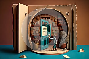 Small business owner at entrance looking at camera , An illustrated storybook imitation in which everything is made of cardboard