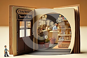 Small business owner at entrance looking at camera , An illustrated storybook imitation in which everything is made of cardboard