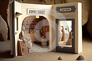 Small business owner at entrance looking at camera , An illustrated storybook imitation in which everything is made of cardboard