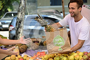 Small business owner selling organic fruits.