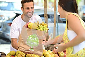 Small business owner selling organic fruits.