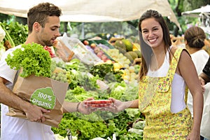 Small business owner selling organic fruits.