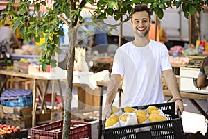 Small business owner selling organic fruits.