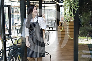 small business owner standing at coffee shop. female barista wearing apron smiling at cafe. food service, restaurant concept.