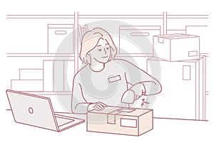 Small business owner systematically packing customer orders using essential shipping materials and equipment