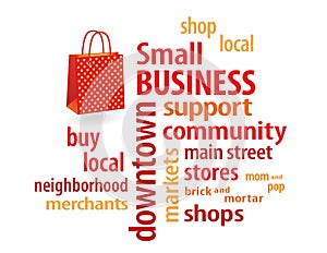 Small Business Shop Local, Buy Local Word Cloud, Bright Red Shopping Bag