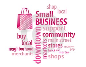 Small Business Shop Local, Buy Local Word Cloud, Pastel Pink Shopping Bag