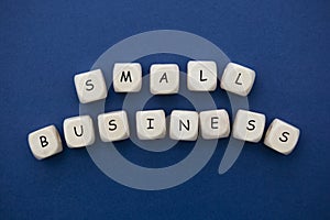 Small business words cubes abstract lettering, blue background