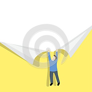 Small businessman ripping paper. Paper ripping yellow paper background with place for your text or image.
