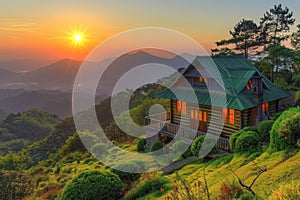 A small cabin on a hillside overlooking the sunset, AI