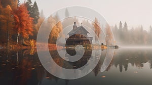 A small cabin, ?iny house, old wooden house sitting on a misty lake shore in Autumn forest. Generative AI.