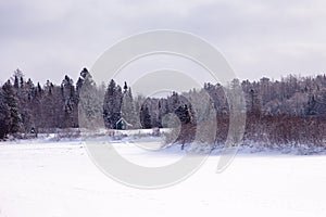 Small cabin nestled among tall evergreen trees on the shore of the Jacques-Cartier River covered in fresh snow