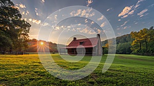 A small cabin sitting in a field with the sun setting behind it, AI