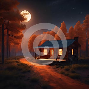 a small cabin sitting in the woods under a full moon