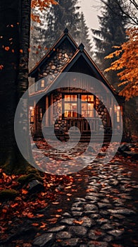 a small cabin in the woods with autumn leaves on the ground