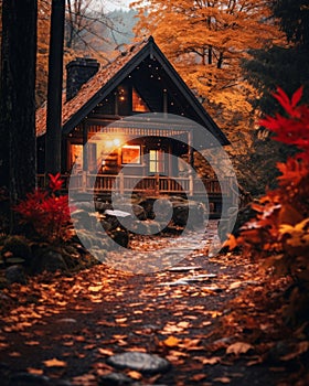 a small cabin in the woods surrounded by autumn leaves