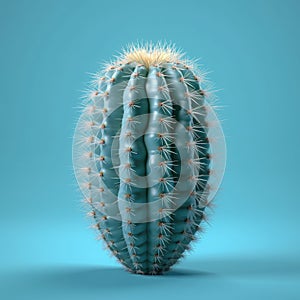 Small cactus plant, with its spines clearly visible. It is sitting on top of blue background, which contrasts green