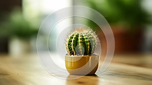 A small cactus sits nestled in a pot