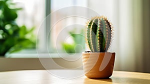 A small cactus sits nestled in a pot