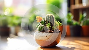 A small cactus sits nestled in a pot