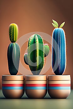 Small cactus stand in a row in pots on the table,Ai