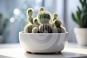 a small cactus in a white pot on a white table. ai generative