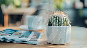 A Small Cactus in a White Pot on a Table