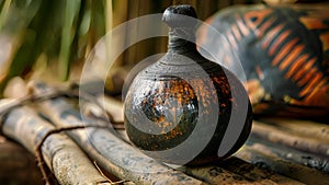 A small calabash gourd filled with a dark earthy liquid believed to have powerful healing properties and often used in