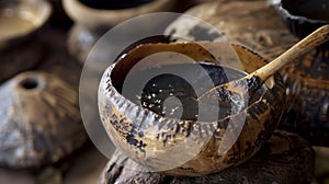 A small calabash gourd filled with a dark earthy liquid believed to have powerful healing properties and often used in