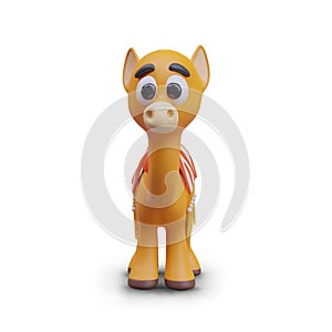 Small camel, front view. Cute animal with big eyes. Camel with colored saddlery