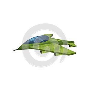 Small camouflage jet plane. Fast military aircraft. Aviation theme. Flat vector element for computer or mobile game