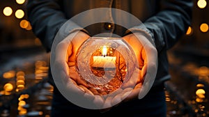 A small candle holding by human hands like heart